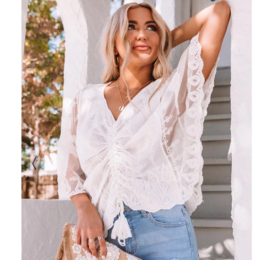 Flawless White Lace Batwing Cinched Center Boho Blouse S/XS